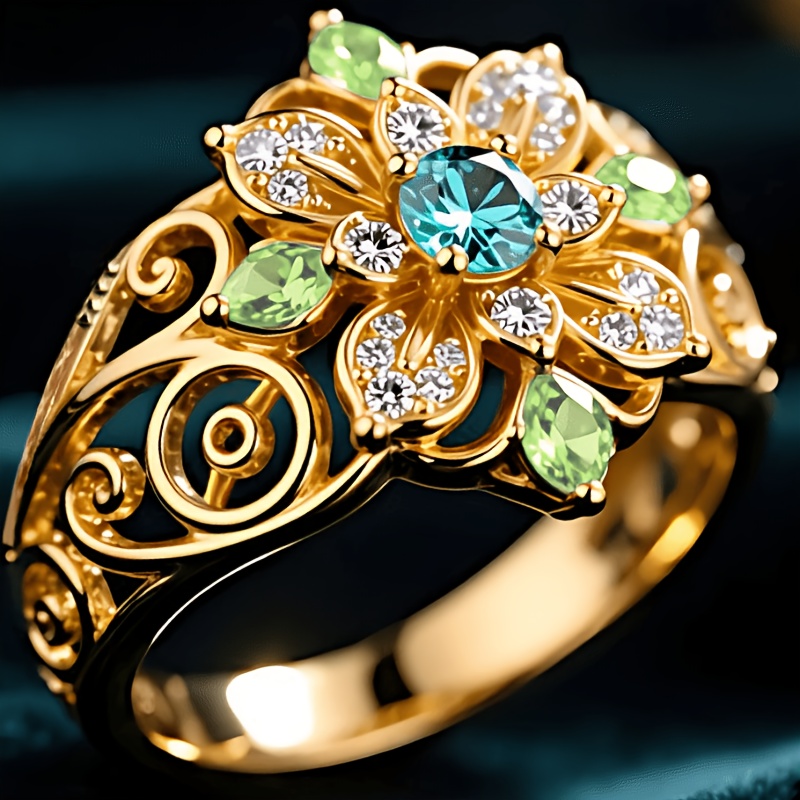 Women's Retro Floral Green Gemstone Zirconia Copper Ring